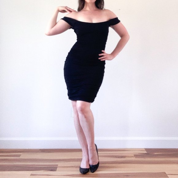 Vintage Off-the-shoulder Black Midi Evening Dress Little Black Dress LBD - Picture 1 of 12